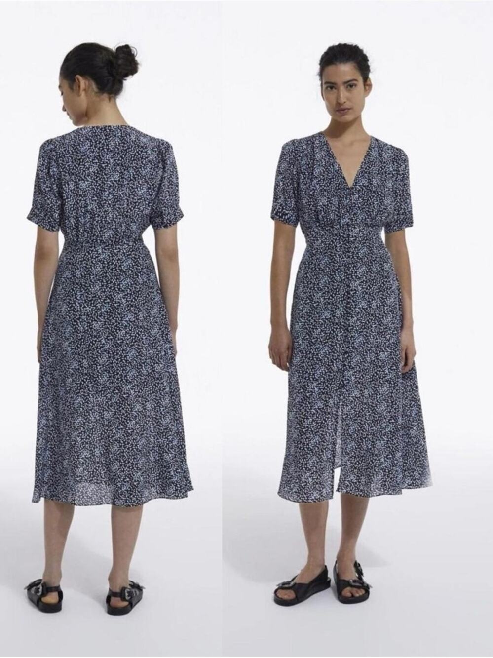 The Kooples Black‎ White Blue Polka Dot Dress V Neck Short Sleeve